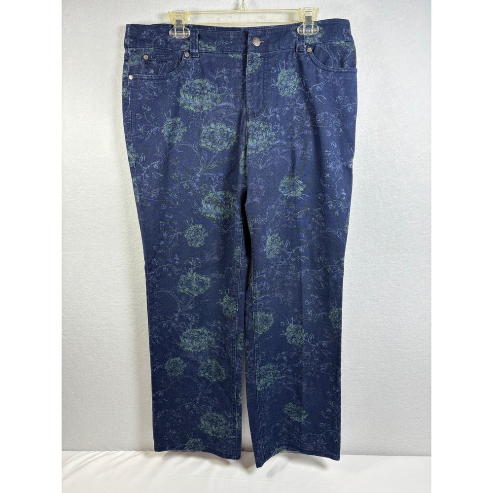 Croft & Barrow Floral Pants Womens 14 Blue Cotton Stretch Boho Straight Leg Jean